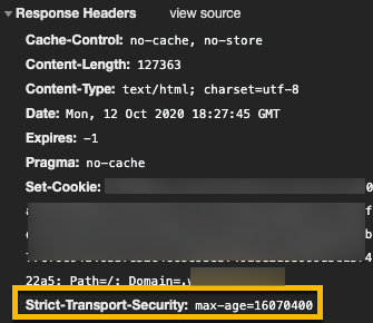 Screenshot of HSTS in the response header